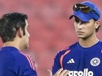 Indian team head coach Gautam Gambhir in conversation with Abhishek Sharma during a practice session in Ahmedabad on Friday.