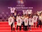 Indian Youth Congress workers stage a protest during the India AI Impact Summit 2026 at Bharat Mandapam, in New Delhi