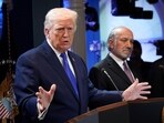 US President Donald Trump and Howard Lutnick, US commerce secretary, during a news conference where Trump delivered a broadside against Supreme Court justices after they struck down the bulk of his sweeping global tariffs.
