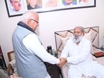 While travelling to Chandigarh, he also met state cabinet minister Anil Vij at his residence and enquired about his health, wishing him good health. (HT Photo)