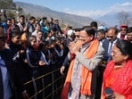 Chief Minister Pushkar Singh Dhami durg the Maa Chandika Mahavanyath Devra Yatra at Biron Deval village in Rudraprayag district on Friday.