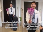A video showed an IndiGo pilot returning home with flowers from abroad for his wife.