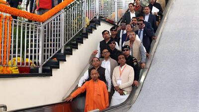 Chief minister Yogi Adityanath conducts an inspection of Shatabdi Nagar Namo Bharat station in Meerut on Saturday. (ANI PHOTO)