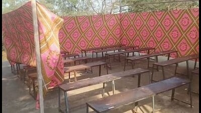 Due to inadequate seating arrangements, the management erected a temporary tent on the school terrace and conducted the Marathi language paper inside it on the first day of the examination. (HT) Due to inadequate seating arrangements, the management erected a temporary tent on the school terrace and conducted the Marathi language paper inside it on the first day of the examination. (HT)