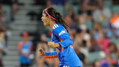 Shreyanka Patil gave India a solid start in the second innings with the early wickets of Georgia Voll and Ellyse Perry. (BCCI X) Shreyanka Patil gave India a solid start in the second innings with the early wickets of Georgia Voll and Ellyse Perry. (BCCI X)