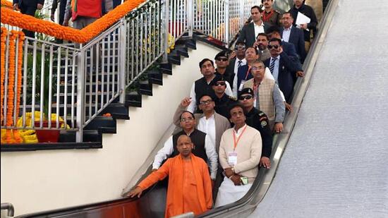 Chief minister Yogi Adityanath conducts an inspection of Shatabdi Nagar Namo Bharat station in Meerut on Saturday. (ANI PHOTO)