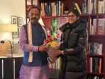 Deputy CM Keshav Prasad Maurya with the consul general of India in Frankfurt, Shuchita Kishore. (Sourced)