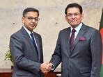 Indian high commissioner to Dhaka, Pranay Verma, with Bangladesh foreign minister Khalilur Rahman in Dhaka on Sunday. (X)