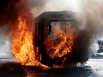 A bus set on fire by organised crime groups in response to an operation in Jalisco to arrest a high-priority security target, burns at one of the main avenues in Zapopan, state of Jalisco, Mexico.