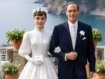 Audrey Hepburn wore a high-necked, ballerina-length dress paired with a signature crown of fresh white flowers. (X/ Beautiful Melody)