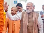 Prime Minister Narendra Modi during the flagging-off of the Meerut Metro and the Namo Bharat rapid train at a ceremonial launch at the Shatabdi Nagar station in Meerut on Sunday. Uttar Pradesh CM Yogi Adityanath and others are also seen.