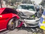 Damaged vehicles after a speeding car rammed into multiple vehicles, in Hyderabad, Sunday, Feb. 22, 2026. 