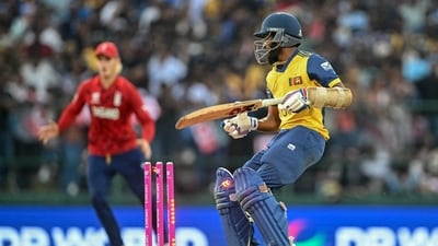 Sri Lanka's Dushan Hemantha is hit wicket during the 2026 ICC Men's T20 Cricket World Cup Super Eights match between Sri Lanka and England (AFP) Sri Lanka's Dushan Hemantha is hit wicket during the 2026 ICC Men's T20 Cricket World Cup Super Eights match between Sri Lanka and England (AFP)