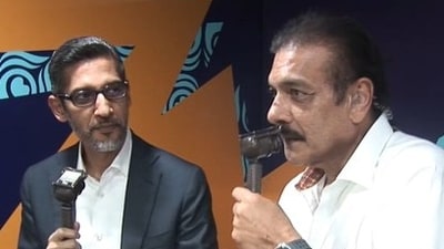 Sundar Pichai appeared alongside Ravi Shastri during match commentary. (JioHotstar) Sundar Pichai appeared alongside Ravi Shastri during match commentary. (JioHotstar)