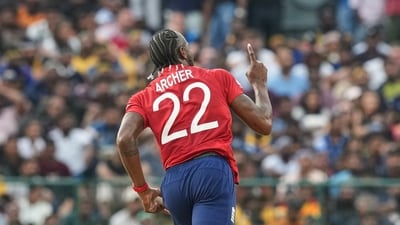 Jofra Archer took the crucial wicket of in-form Pathum Nissanka, and also added his opening partner Kamil Mishara. He took two wickets in the powerplay, but England ran away to a fast start, taking control with five wickets in the first six overs. (AP) Jofra Archer took the crucial wicket of in-form Pathum Nissanka, and also added his opening partner Kamil Mishara. He took two wickets in the powerplay, but England ran away to a fast start, taking control with five wickets in the first six overs. (AP)