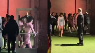 Luis Suarez stopping Lionel Messi from having a confrontation with the match officials. (Screengrab from X) Luis Suarez stopping Lionel Messi from having a confrontation with the match officials. (Screengrab from X)