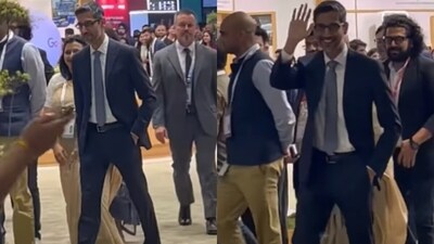 Sundar Pichai acknowledged crowd calling his name at a Delhi summit. (Instagram/.prahlad_jha.) Sundar Pichai acknowledged crowd calling his name at a Delhi summit. (Instagram/.prahlad_jha.)