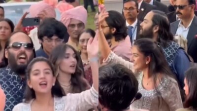 Radhika Merchant and Anant Ambani danced with baratis at a friend’s wedding procession. (Instagram/ambani_update) Radhika Merchant and Anant Ambani danced with baratis at a friend’s wedding procession. (Instagram/ambani_update)
