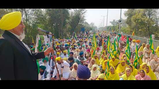 BKU state president Joginder Singh Ugrahan addressing a gathering in Sangrur on Sunday.