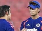 Indian team head coach Gautam Gambhir in conversation with Abhishek Sharma during a practice session