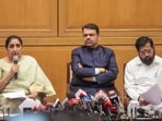 Maharashtra Chief Minister Devendra Fadnavis addresses a joint press conference with Deputy Chief Ministers Sunetra Pawar and Eknath Shinde, in Mumbai.