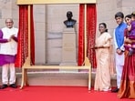 President Droupadi Murmu unveils the sculpture of the first and only Indian Governor-General of independent India, Chakravarti Rajagopalachari, at Rashtrapati Bhavan