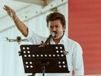 Tamilaga Vettri Kazhagam (TVK) chief Vijay addresses an administrators meeting of the party, in Vellore district, Tamil Nadu.
