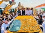 Rohtak MP Deepender Hooda during a roadshow at Narnaund in Hansi district, on Sunday. (HT Photo)