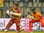 West Indies`s Shimron Hetmyer in action against Zimbabwe at Wankhede Stadium in Mumbai on Monday. (Raju Shinde/HT)
