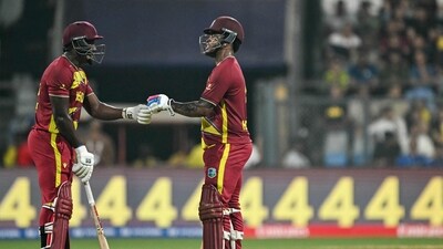 Shimron Hetmyer unleashed a stunning assault, hammering 85 off just 34 balls, while Rovman Powell’s 59 powered West Indies to a massive 254/6 - the second-highest team total ever recorded in T20 World Cup history. (AFP) Shimron Hetmyer unleashed a stunning assault, hammering 85 off just 34 balls, while Rovman Powell’s 59 powered West Indies to a massive 254/6 - the second-highest team total ever recorded in T20 World Cup history. (AFP)