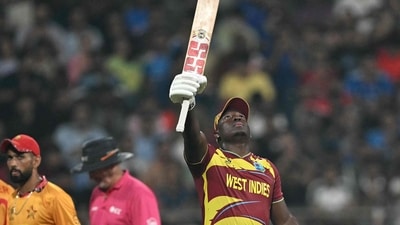 Rovman Powell played a powerful hand, scoring 59 off 35 balls in an innings that combined timing with brute force. He struck four boundaries along the ground and cleared the ropes four times, keeping the scoreboard ticking at a rapid pace. (AFP) Rovman Powell played a powerful hand, scoring 59 off 35 balls in an innings that combined timing with brute force. He struck four boundaries along the ground and cleared the ropes four times, keeping the scoreboard ticking at a rapid pace. (AFP)