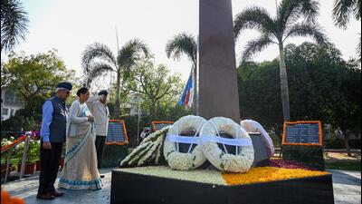 Families of 45 personnel killed in action laid wreaths at the memorial to pay their respects. (Sunil Ghosh/HT Photo)