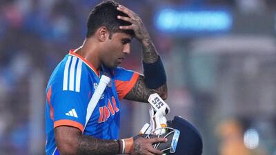 India's captain Suryakumar Yadav reacts as he leaves the ground after losing his wicket against South Africa. (AP) India's captain Suryakumar Yadav reacts as he leaves the ground after losing his wicket against South Africa. (AP)
