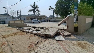 The razed wall of MLA Sukhpal Singh Khaira’s house in Kapurthala on Monday. The razed wall of MLA Sukhpal Singh Khaira’s house in Kapurthala on Monday.