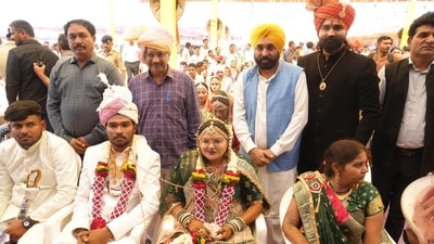 Arvind Kejriwal attends the Mandhata Samaj mass wedding ceremony for 151 couples at Jawahar Ground in Bhavnagar, Gujarat, on February 22, 2026. Arvind Kejriwal attends the Mandhata Samaj mass wedding ceremony for 151 couples at Jawahar Ground in Bhavnagar, Gujarat, on February 22, 2026.