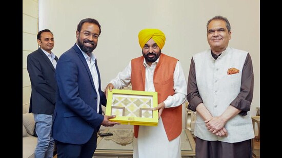 Chief minister Bhagwant Mann meets the Tata Group delegation in Chandigarh on Monday. (ANI)
