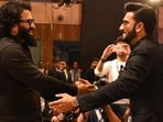 Actor Ranveer Singh (right) with his Kannada counterpart Rishab Shetty during the 56th International Film Festival of India in Panaji, Goa, on November 28, 2025. (PTI File)