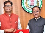 Chhattisgarh chief minister Vishnu Deo Sai with finance minister OP Choudhary holds the budget tablet for the financial year 2026-27 during the meeting of the Council of Ministers in Nava Raipur on Tuesday. (@vishnudsai X)