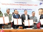 Chief minister Sukhvinder Singh Sukhu released the report titled “Scientific Assessment of Tackling Non-C02 Emissions: Pathways for Himachal Pradesh” Shimla on Tuesday. (HT Photo)