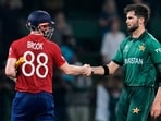 Pakistan's Shaheen Shah Afridi shakes hands with England's captain Harry Brook after dismissing him for 100 off 51 balls.