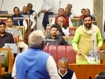 Haryana chief minister Nayab Singh Saini speaking during the budget session of the Haryana assembly in Chandigarh on Monday. (Keshav Singh/HT)