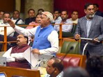 Leader of the Opposition Bhupinder Hooda speaking during the budget session of the Haryana assembly in Chandigarh on Monday. (Keshav Singh/HT)