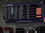 A screen showing canceled flights is seen at Licenciado Gustavo Diaz Ordaz International Airport in Puerto Vallarta, Jalisco state, Mexico.