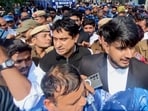 Indian Youth Congress (IYC) national president Uday Bhanu Chib is taken into police custody after a hearing at Patiala House Court in connection with the AI Impact Summit protest case, in New Delhi. (PTI Photo)