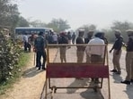 Police at a naka (checkpoint) set up in Bhawanigarh to prevent protesters from heading to Samana in Patiala on Tuesday. (HT Photo)