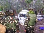 Security personnel carry out search operations at the forested crash site near Kasariya Panchayat in Simaria block, where a Redbird Airways air ambulance from Ranchi to Delhi crashed, killing all seven onboard. Security personnel carry out search operations at the forested crash site near Kasariya Panchayat in Simaria block, where a Redbird Airways air ambulance from Ranchi to Delhi crashed, killing all seven onboard.
