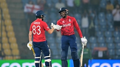 England held their nerves till the end and went across the line with two wickets in hand and five balls remaining in the game. (AFP) England held their nerves till the end and went across the line with two wickets in hand and five balls remaining in the game. (AFP)