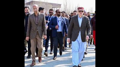 Jammu and Kashmir CM Omar Abdullah arrives to lay the foundation stone for urban development projects, in Ganderbal on Tuesday. (ANI) Jammu and Kashmir CM Omar Abdullah arrives to lay the foundation stone for urban development projects, in Ganderbal on Tuesday. (ANI)