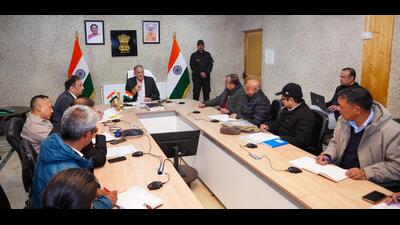 Ladakh lieutenant governor Kavinder Gupta during the review meeting on Tuesday. (HT Photo) Ladakh lieutenant governor Kavinder Gupta during the review meeting on Tuesday. (HT Photo)