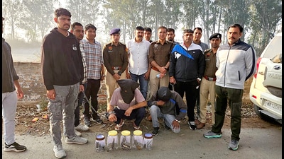 The murder accused in police custody in Rohtak on Tuesday. (Manoj Dhaka/HT)